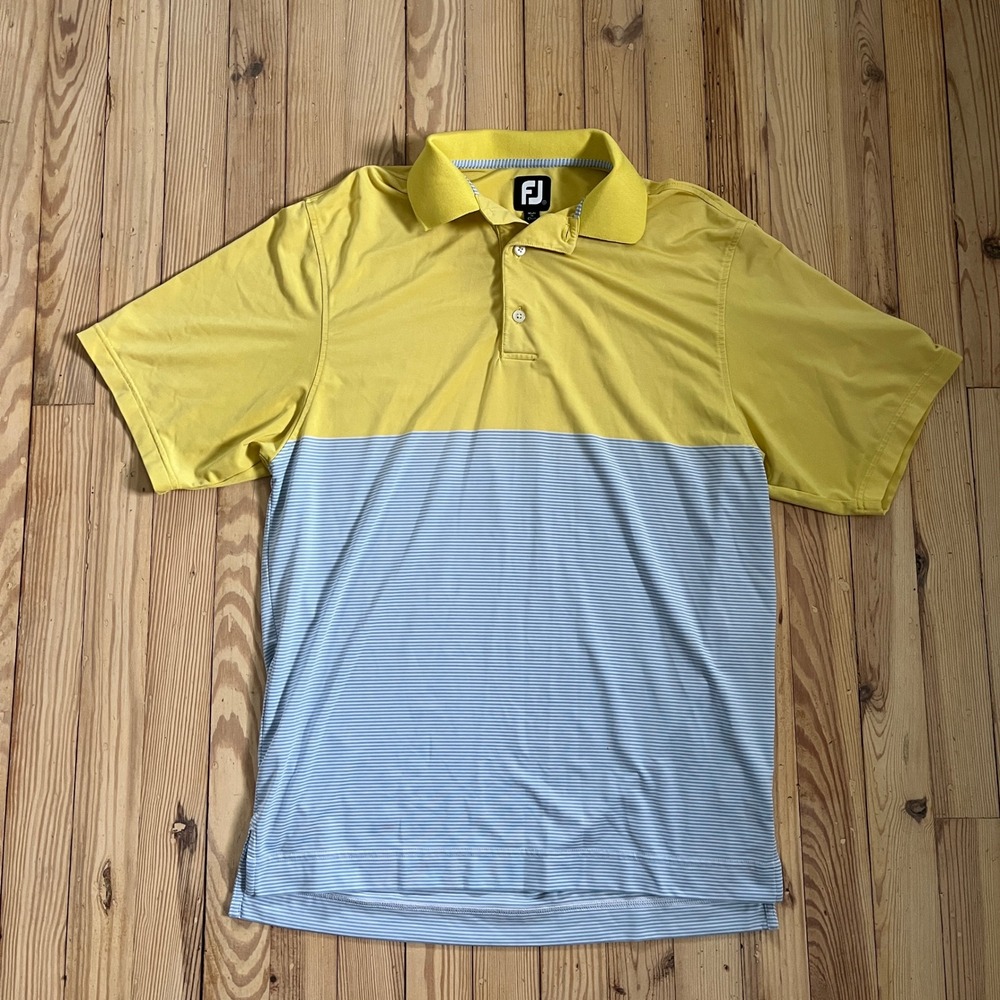 FootJoy Mens‎ Small Yellow Blue Striped Colorblock Performance Golf Polo stretch